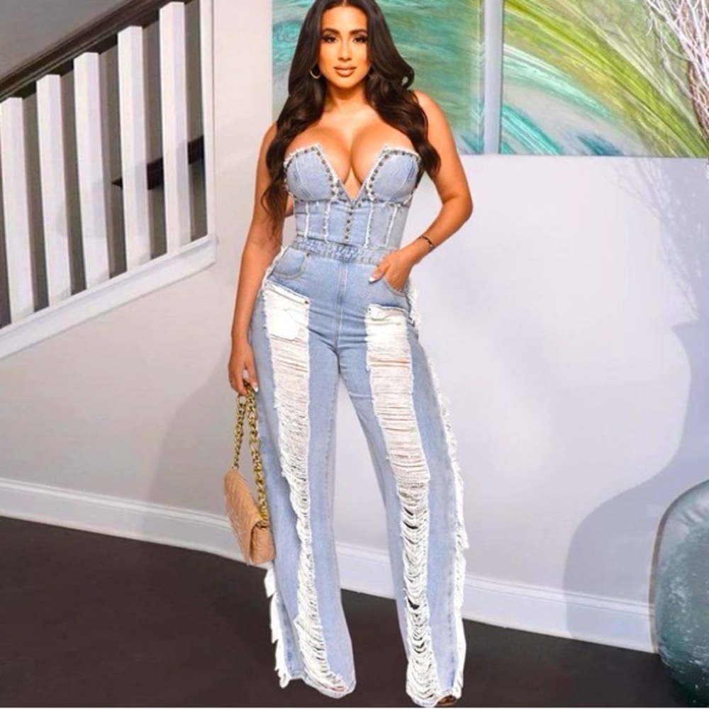 Strapless denim jumpsuit
